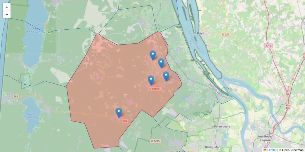 Carte de la zone du code postal  et des codes postaux voisins en France