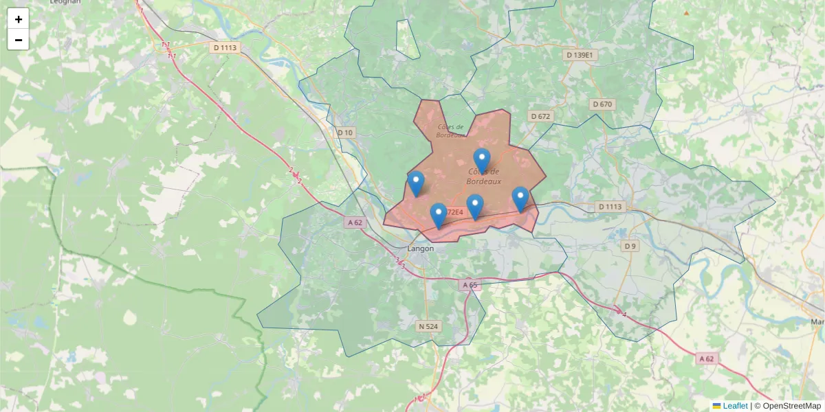 Carte de la zone du code postal  et des codes postaux voisins en France