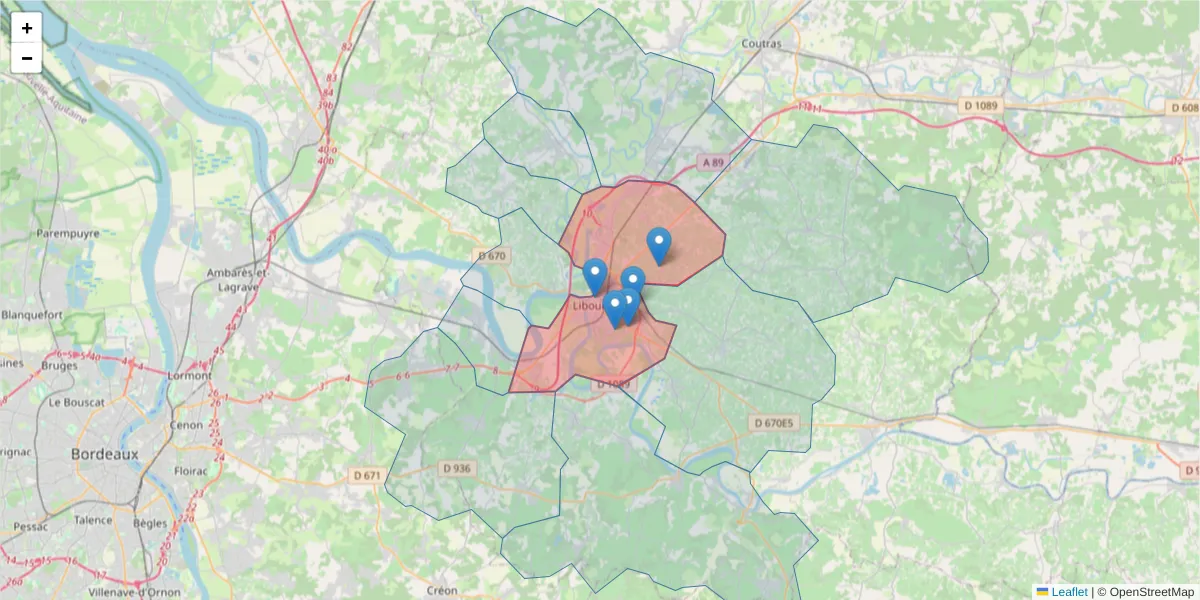 Carte de la zone du code postal  et des codes postaux voisins en France