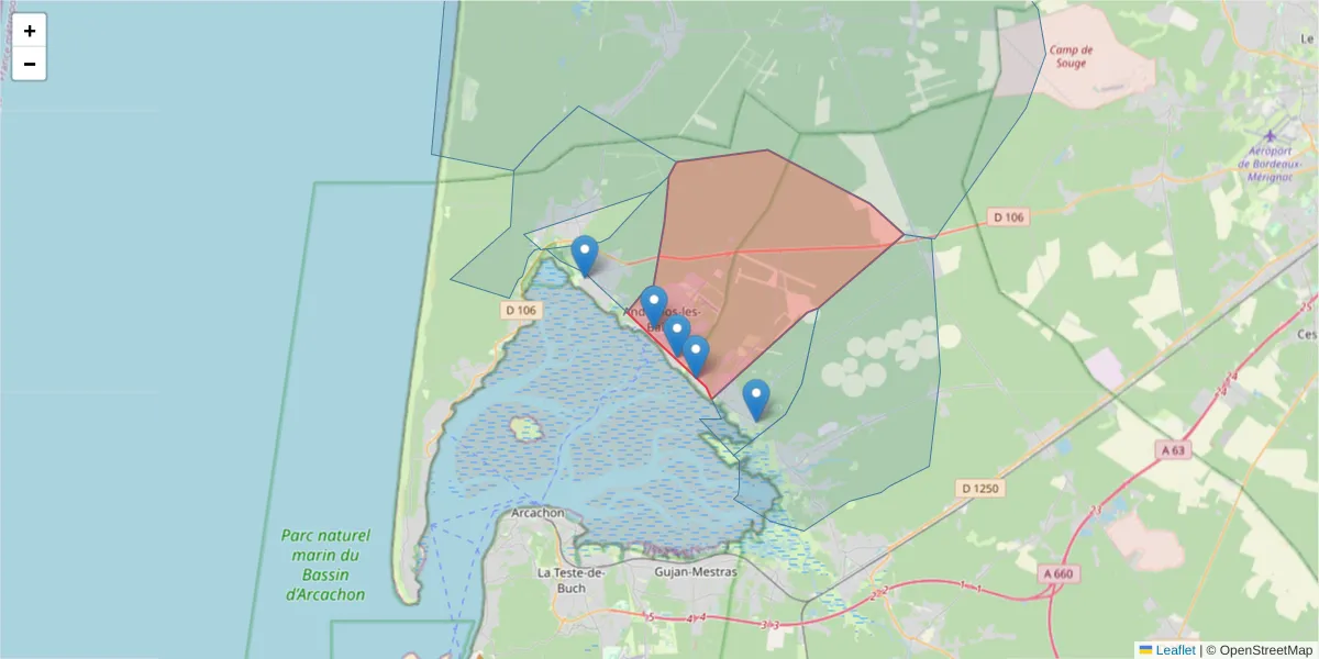 Carte de la zone du code postal  et des codes postaux voisins en France
