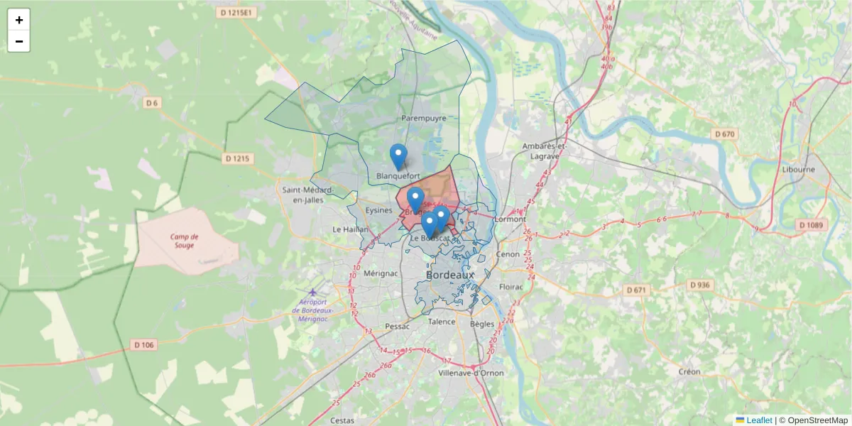 Carte de la zone du code postal  et des codes postaux voisins en France
