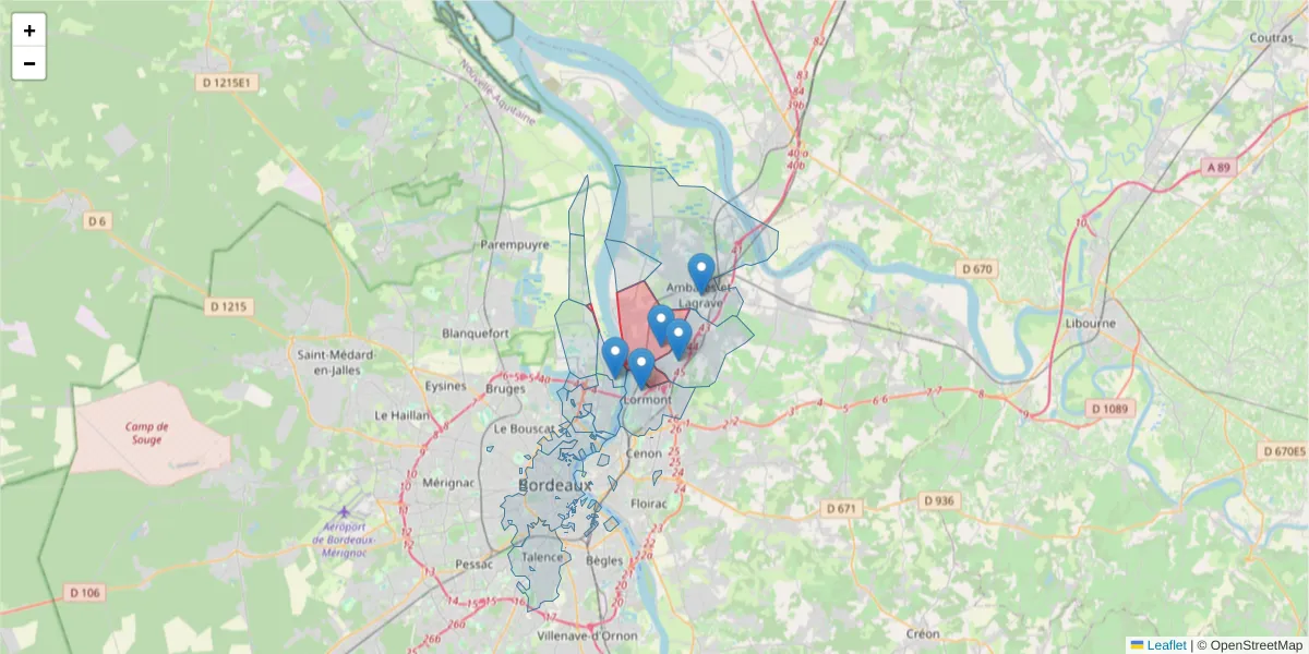 Carte de la zone du code postal  et des codes postaux voisins en France