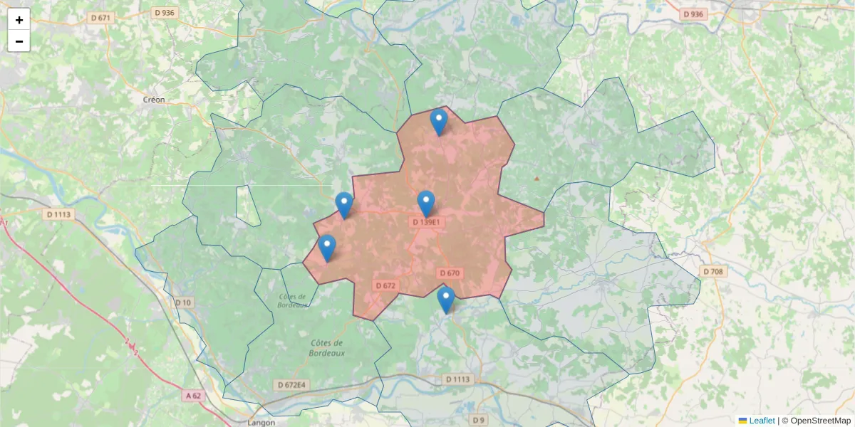 Carte de la zone du code postal  et des codes postaux voisins en France