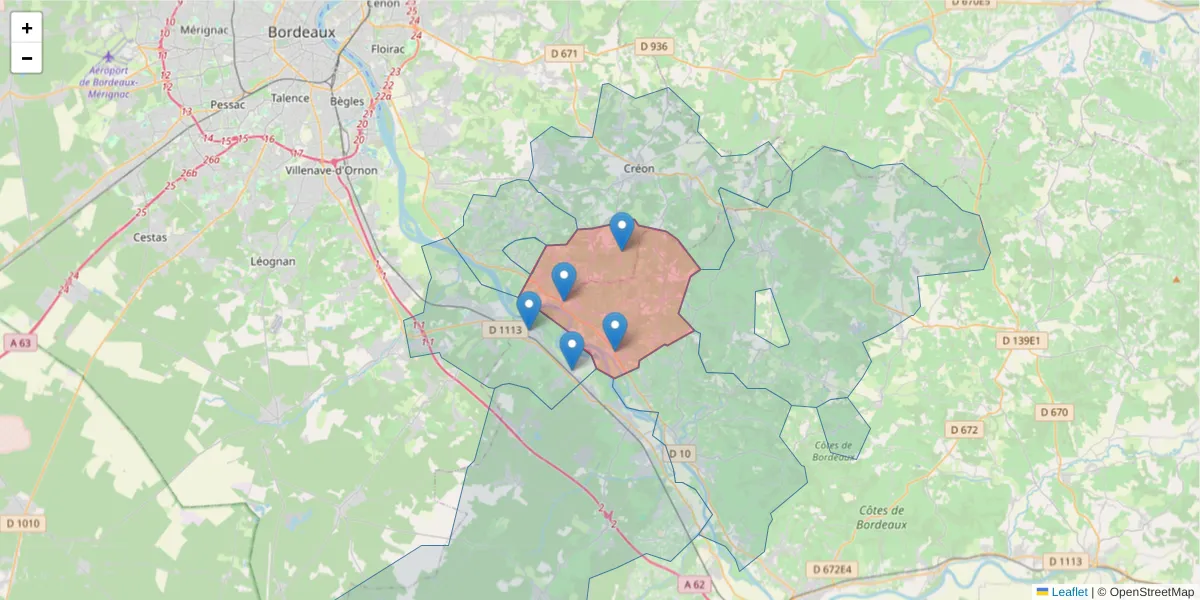 Carte de la zone du code postal  et des codes postaux voisins en France