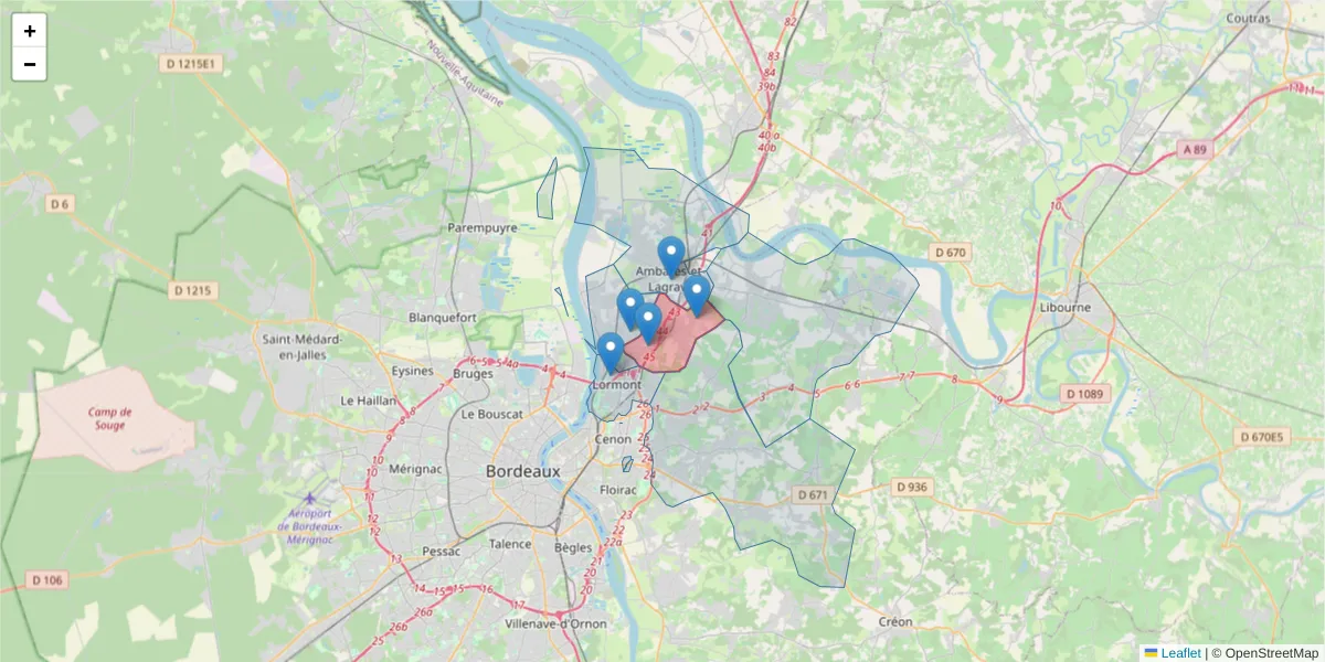 Carte de la zone du code postal  et des codes postaux voisins en France