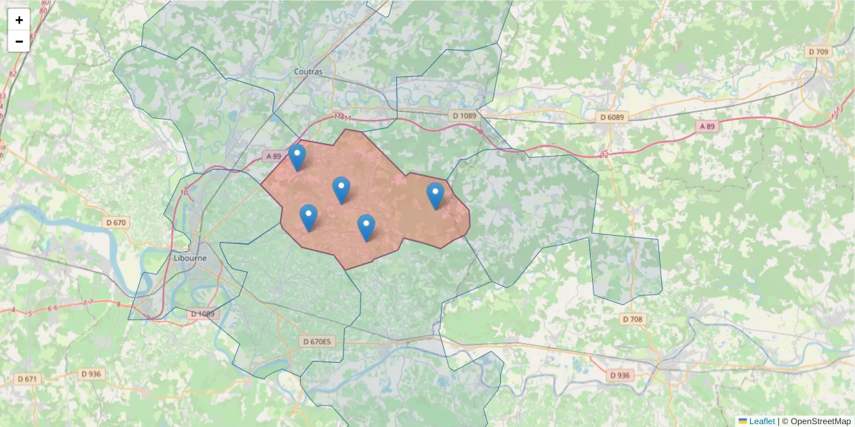 Carte de la zone du code postal  et des codes postaux voisins en France