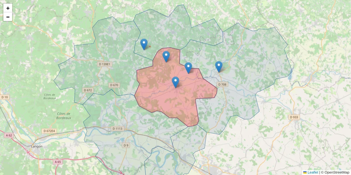 Carte de la zone du code postal  et des codes postaux voisins en France