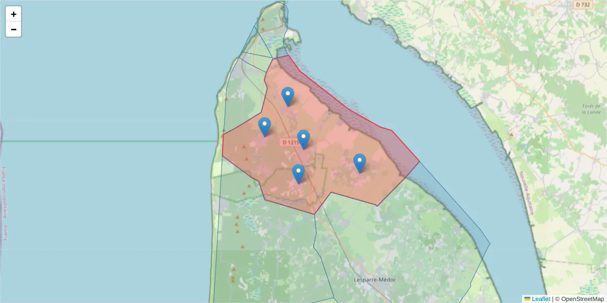 Carte de la zone du code postal  et des codes postaux voisins en France