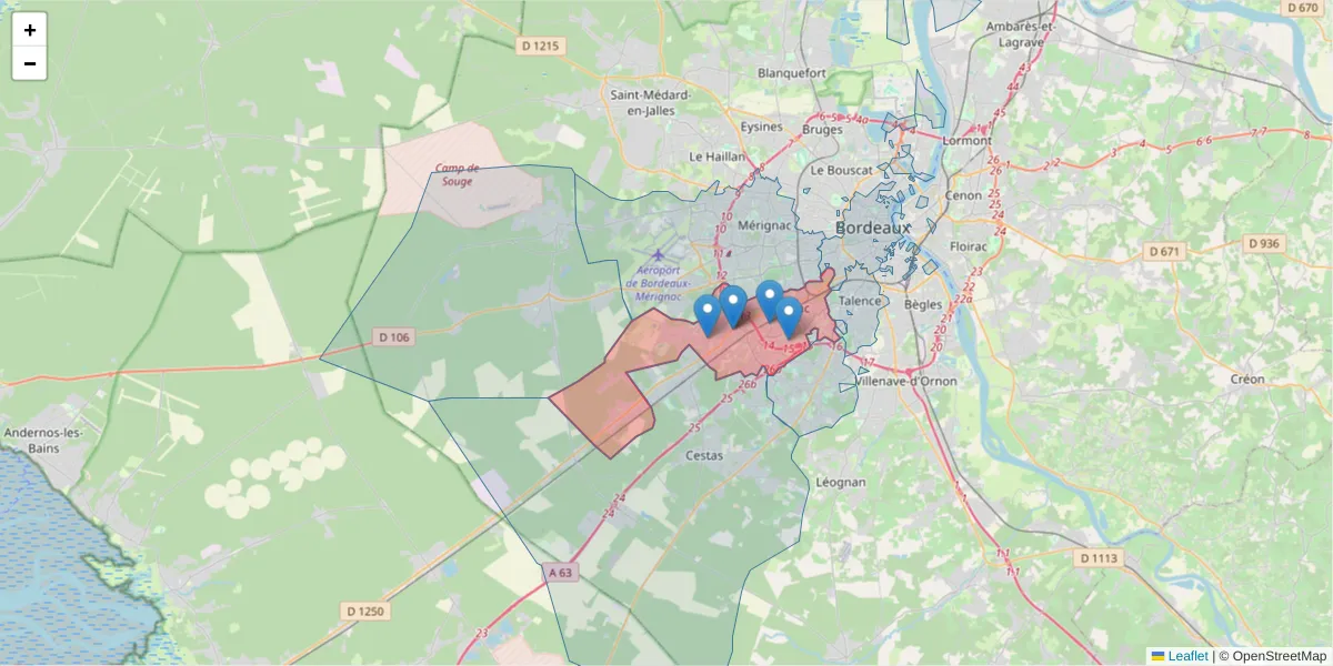 Carte de la zone du code postal  et des codes postaux voisins en France