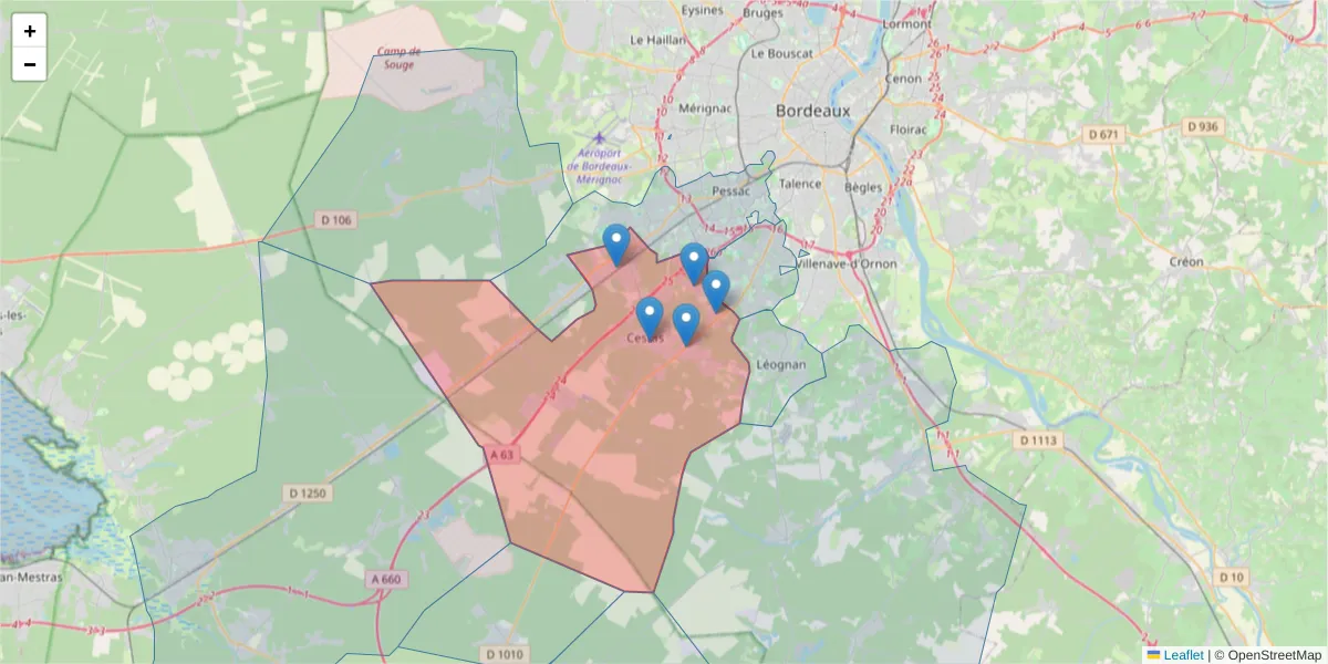 Carte de la zone du code postal  et des codes postaux voisins en France