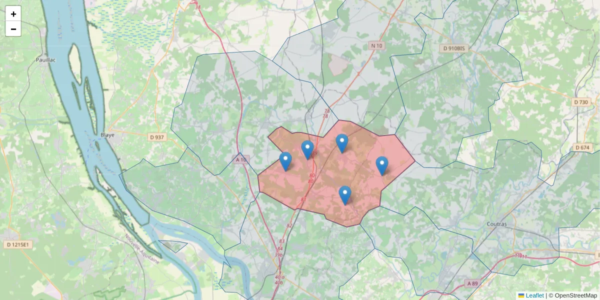 Carte de la zone du code postal  et des codes postaux voisins en France