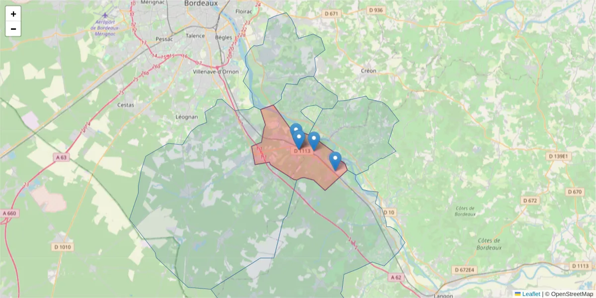 Carte de la zone du code postal  et des codes postaux voisins en France