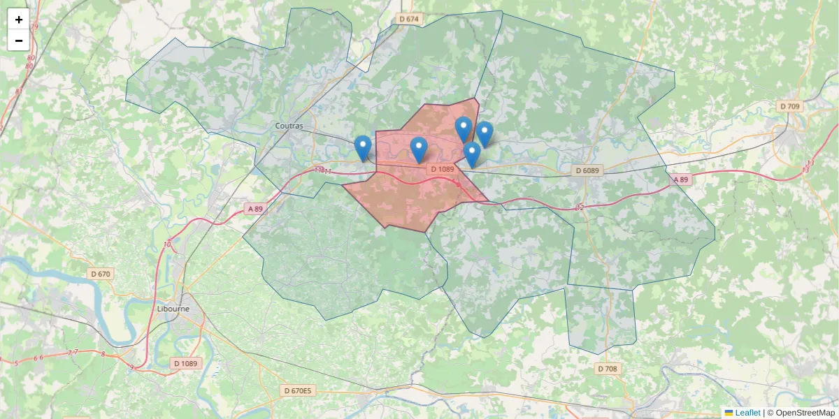 Carte de la zone du code postal  et des codes postaux voisins en France