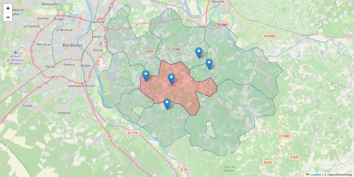Carte de la zone du code postal  et des codes postaux voisins en France