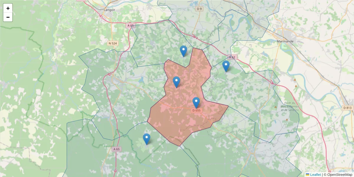 Carte de la zone du code postal  et des codes postaux voisins en France
