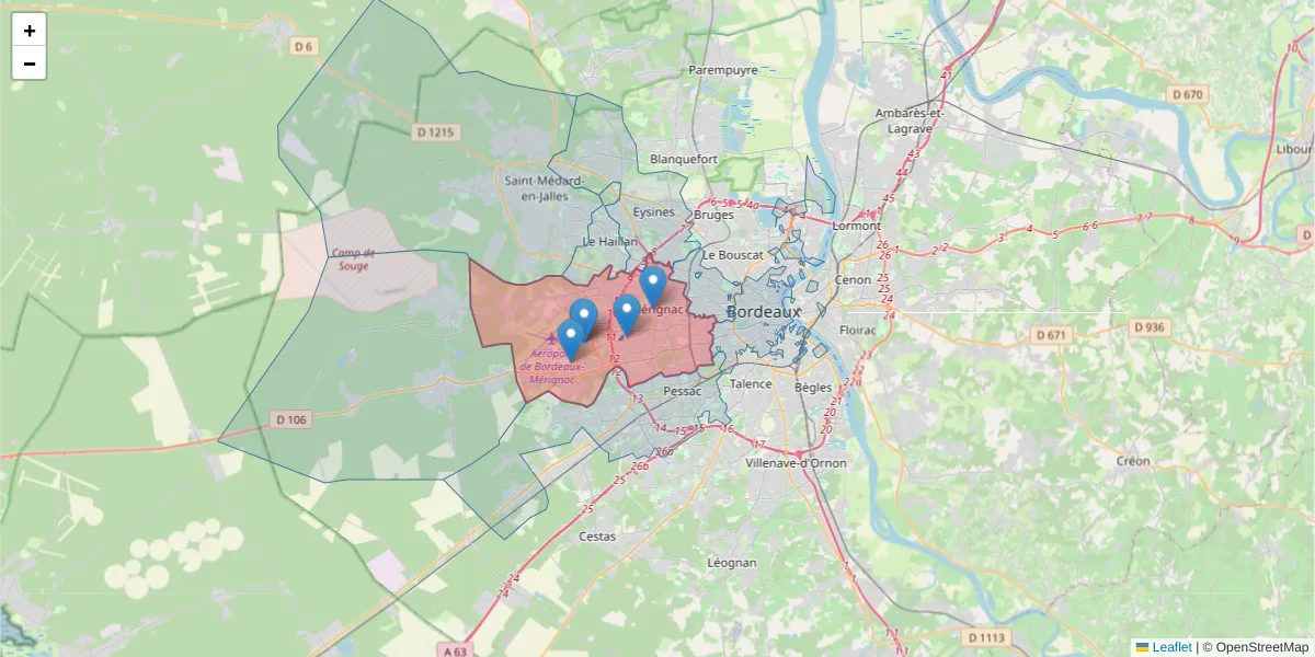 Carte de la zone du code postal  et des codes postaux voisins en France