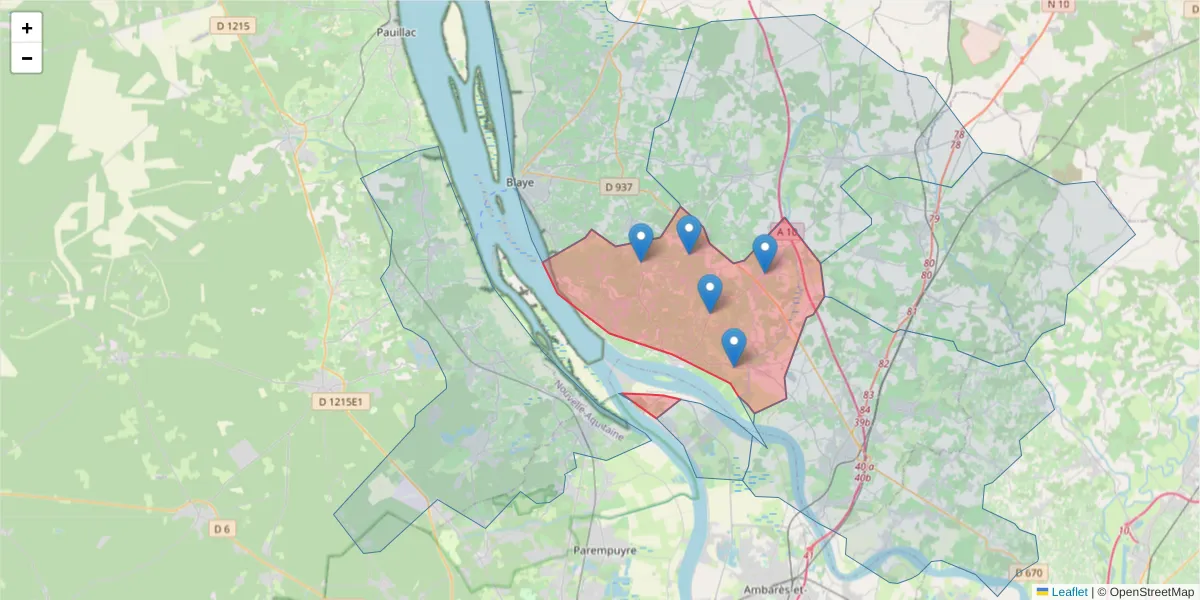 Carte de la zone du code postal  et des codes postaux voisins en France