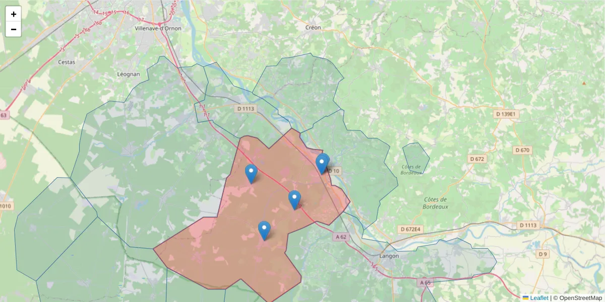 Carte de la zone du code postal  et des codes postaux voisins en France