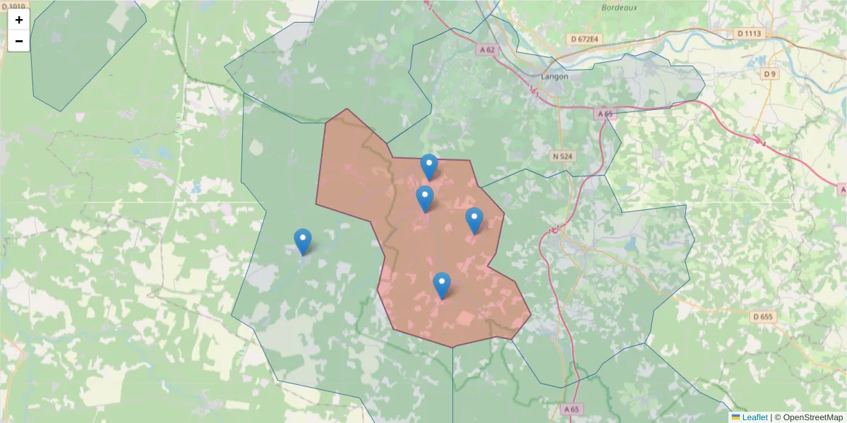 Carte de la zone du code postal  et des codes postaux voisins en France