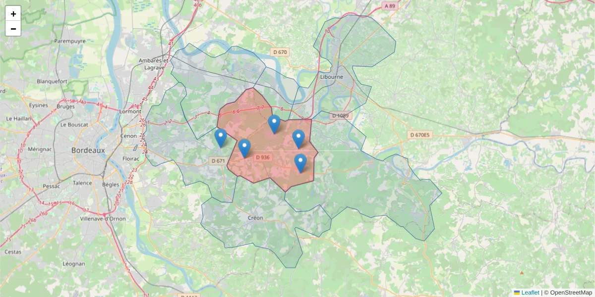 Carte de la zone du code postal  et des codes postaux voisins en France