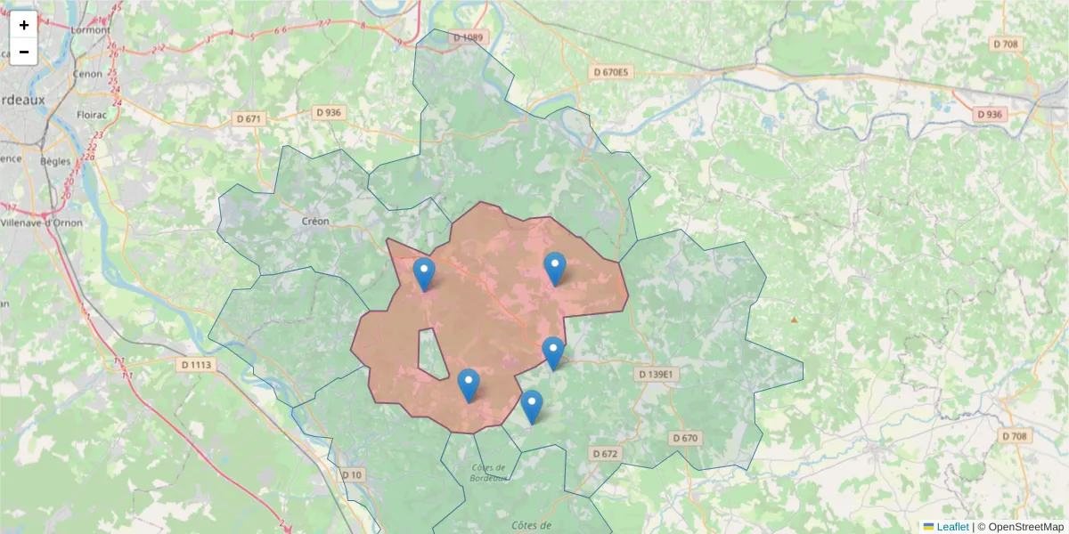 Carte de la zone du code postal  et des codes postaux voisins en France
