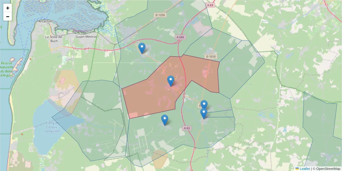 Carte de la zone du code postal  et des codes postaux voisins en France