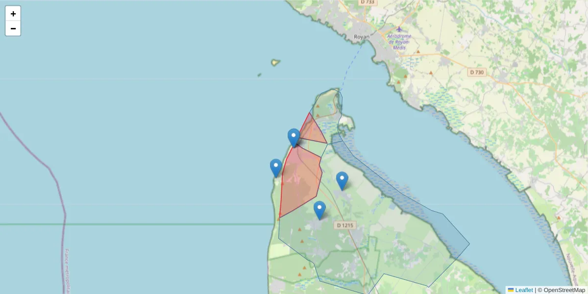 Carte de la zone du code postal  et des codes postaux voisins en France