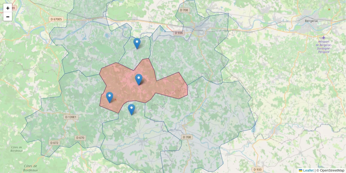 Carte de la zone du code postal  et des codes postaux voisins en France