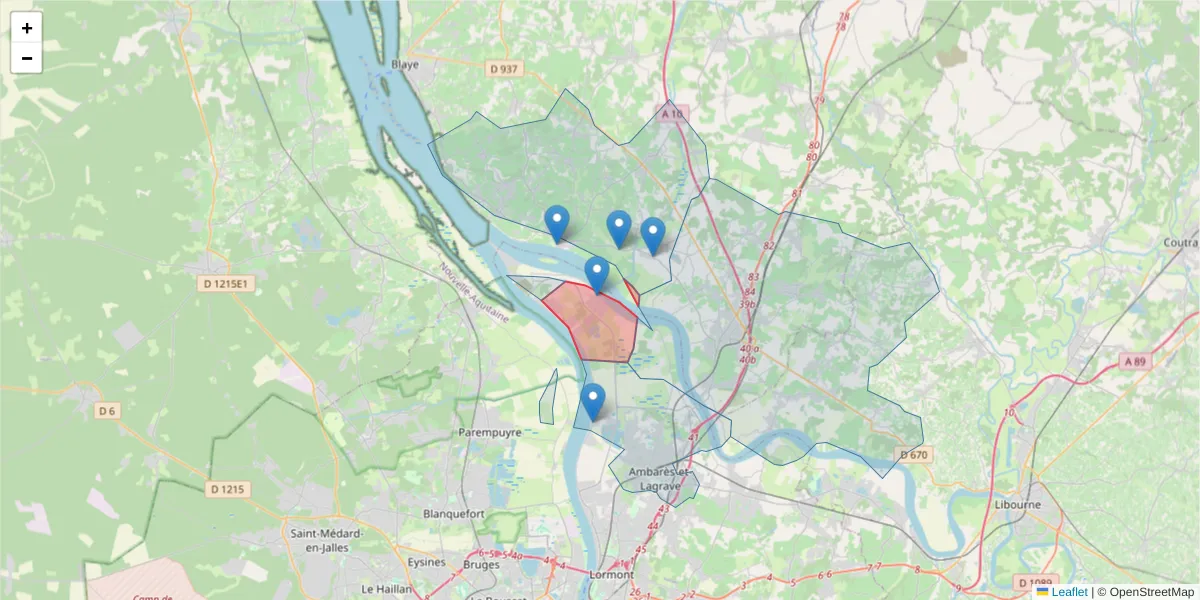 Carte de la zone du code postal  et des codes postaux voisins en France