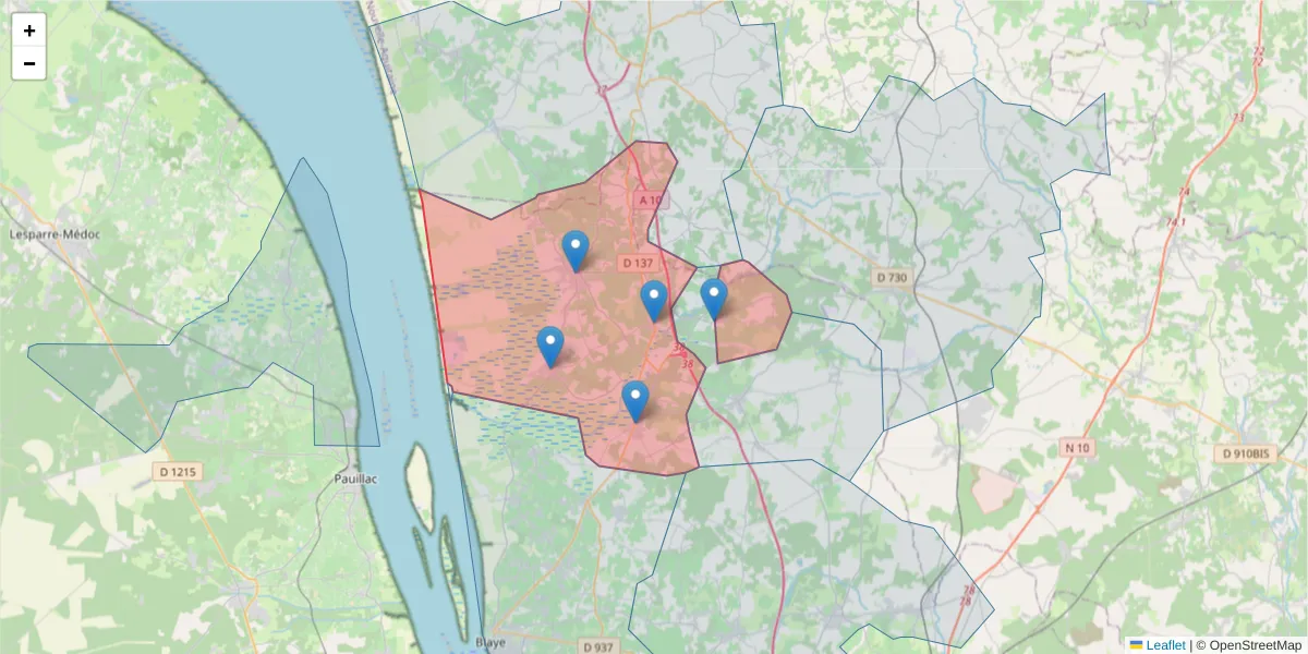 Carte de la zone du code postal  et des codes postaux voisins en France