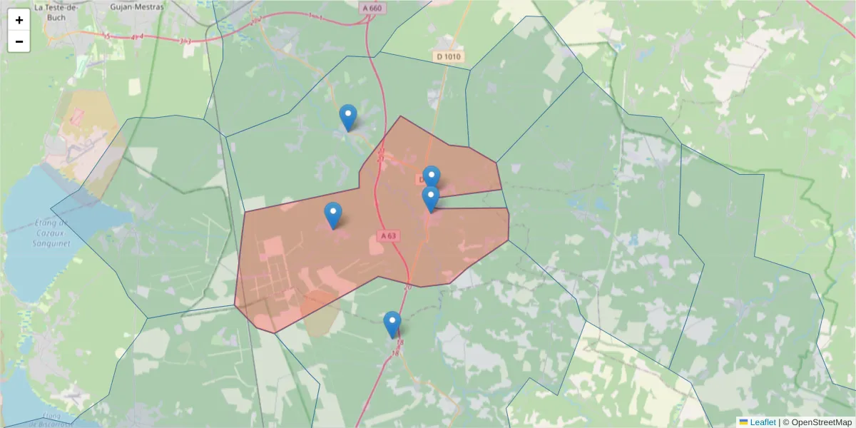 Carte de la zone du code postal  et des codes postaux voisins en France