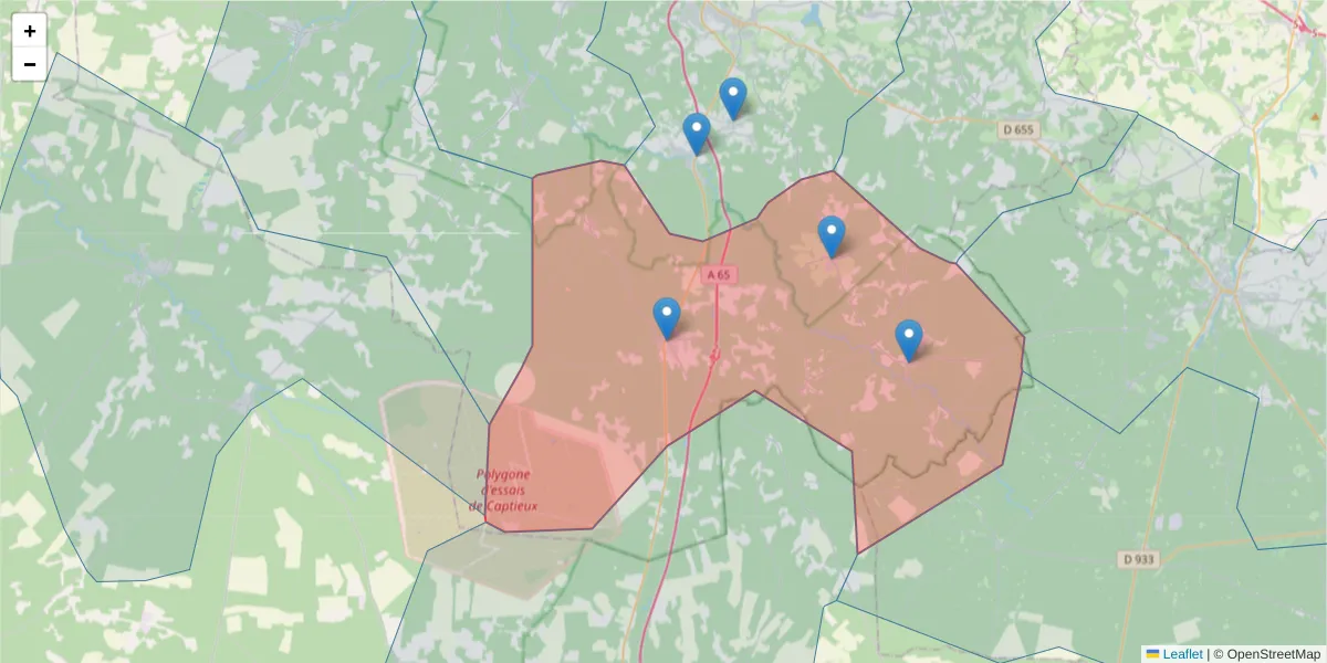 Carte de la zone du code postal  et des codes postaux voisins en France