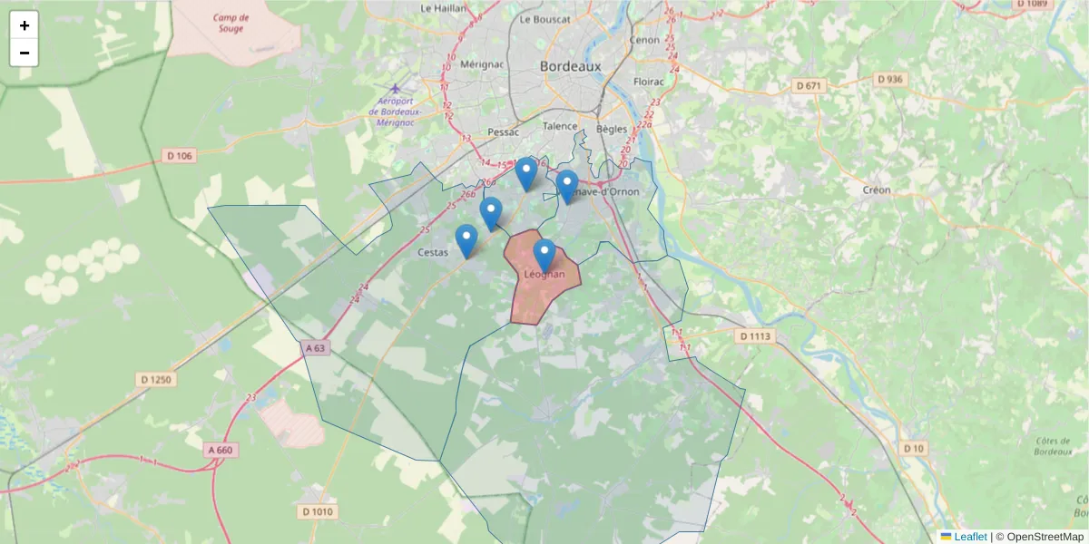 Carte de la zone du code postal  et des codes postaux voisins en France