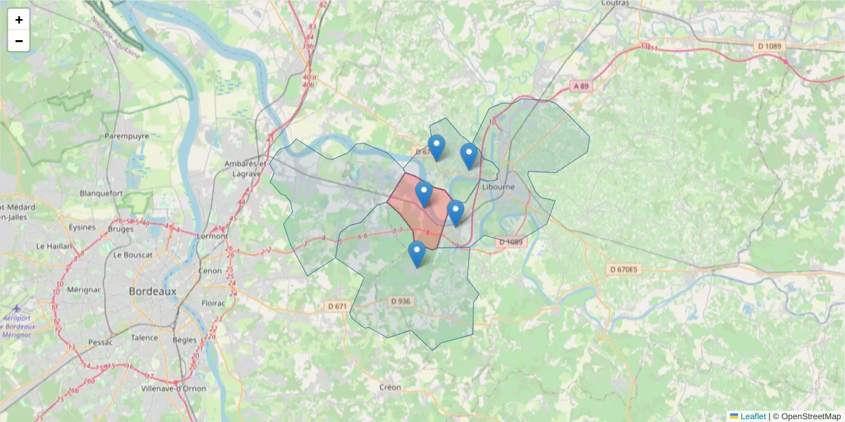 Carte de la zone du code postal  et des codes postaux voisins en France