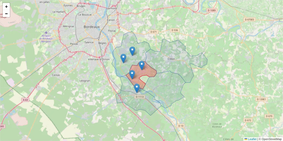 Carte de la zone du code postal  et des codes postaux voisins en France