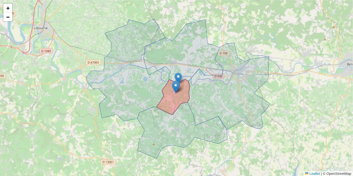 Carte de la zone du code postal  et des codes postaux voisins en France