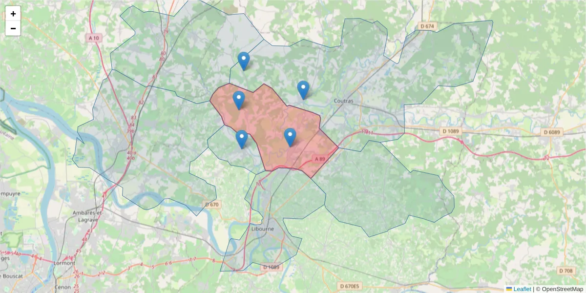 Carte de la zone du code postal  et des codes postaux voisins en France
