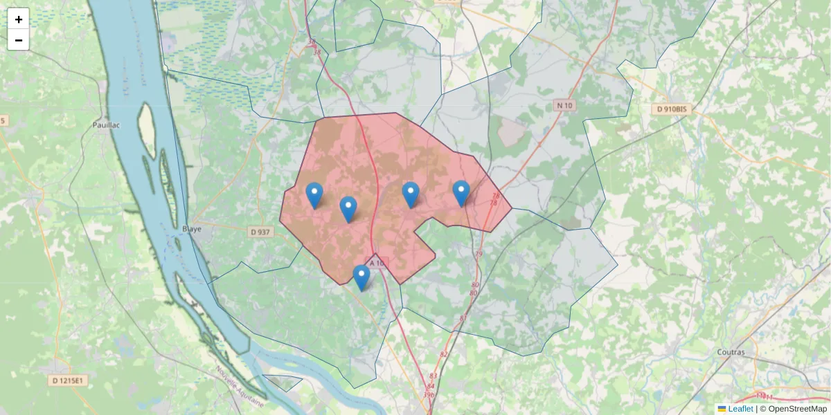 Carte de la zone du code postal  et des codes postaux voisins en France