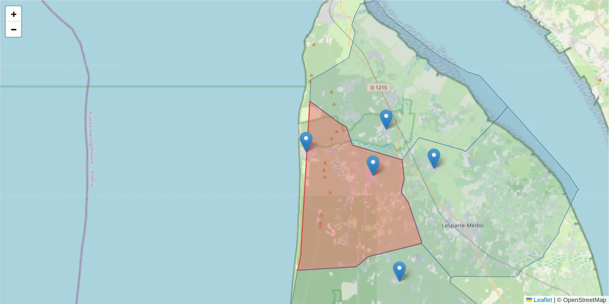 Carte de la zone du code postal  et des codes postaux voisins en France