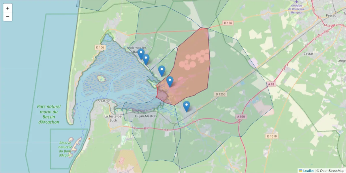 Carte de la zone du code postal  et des codes postaux voisins en France