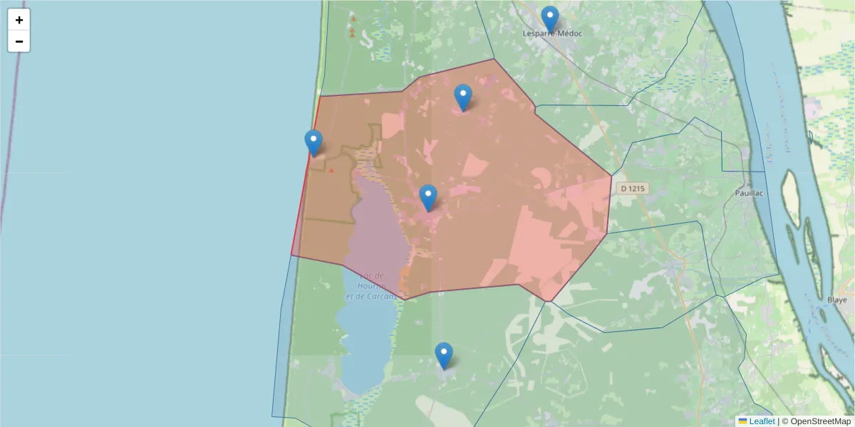 Carte de la zone du code postal  et des codes postaux voisins en France
