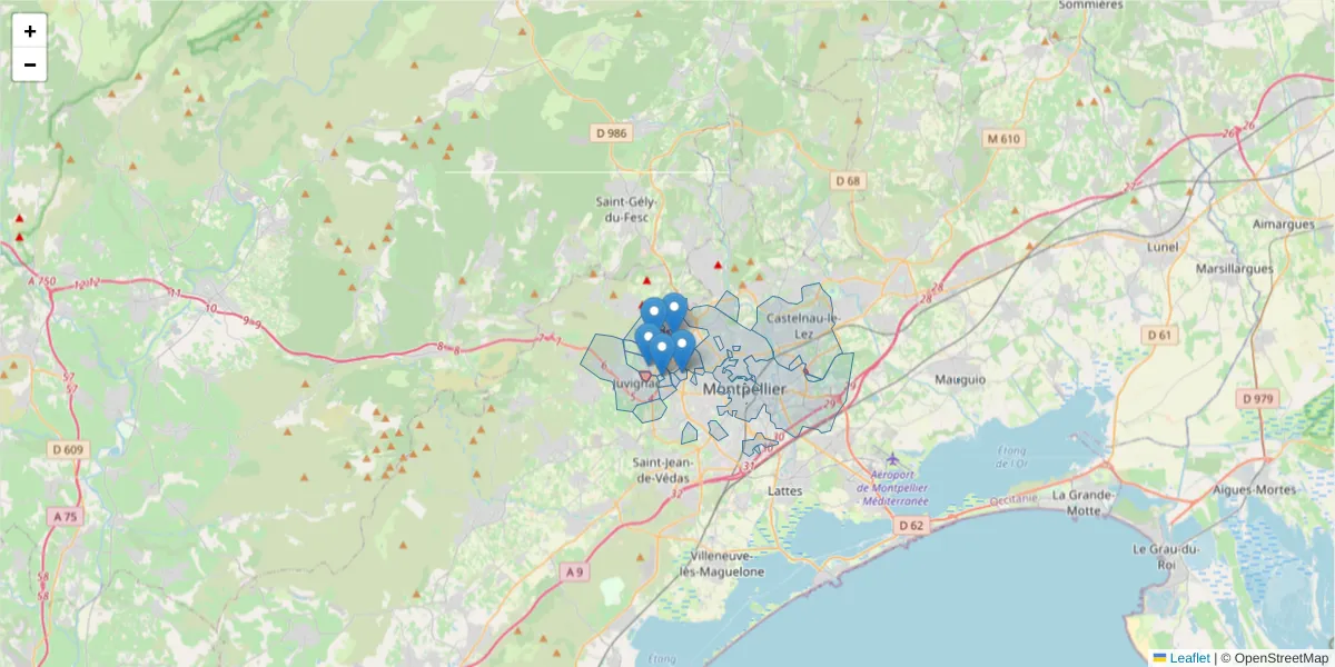 Carte de la zone du code postal  et des codes postaux voisins en France