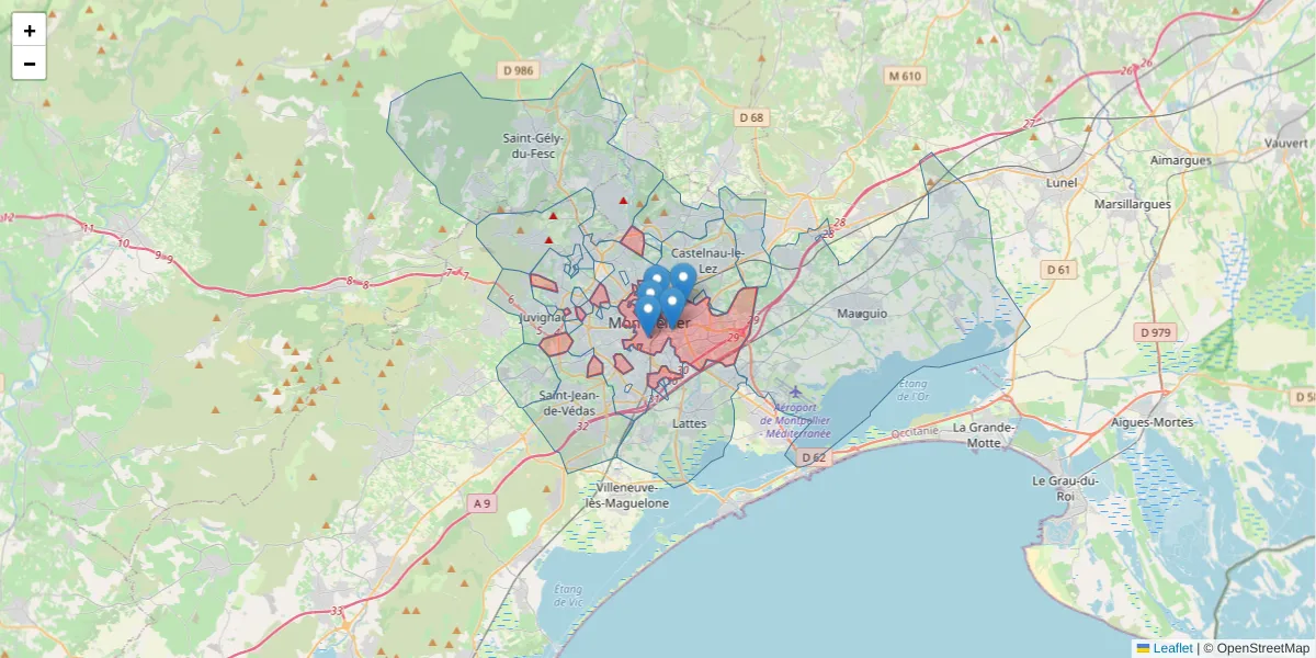 Carte de la zone du code postal  et des codes postaux voisins en France