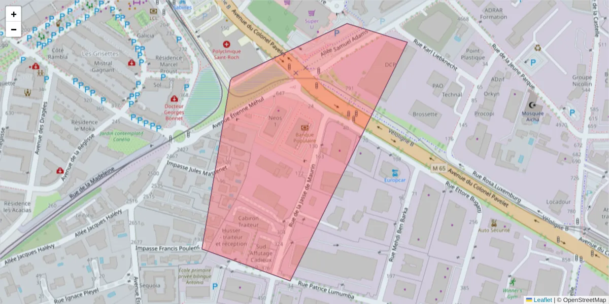 Carte de la zone du code postal  et des codes postaux voisins en France