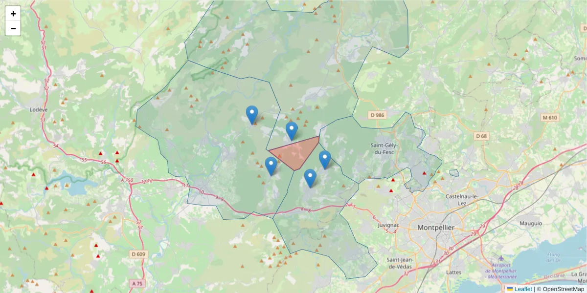 Carte de la zone du code postal  et des codes postaux voisins en France