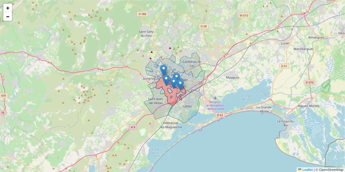 Carte de la zone du code postal  et des codes postaux voisins en France