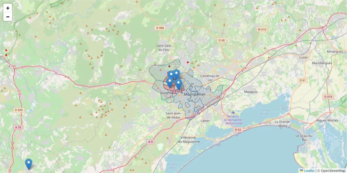 Carte de la zone du code postal  et des codes postaux voisins en France
