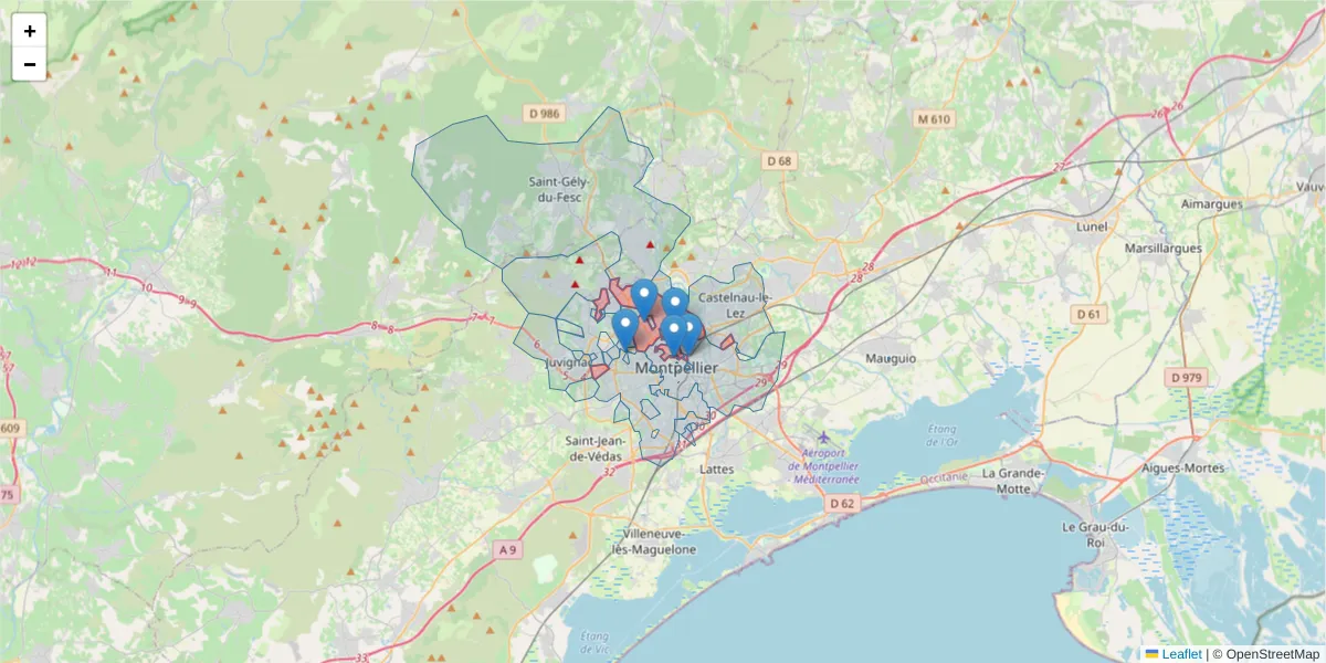 Carte de la zone du code postal  et des codes postaux voisins en France