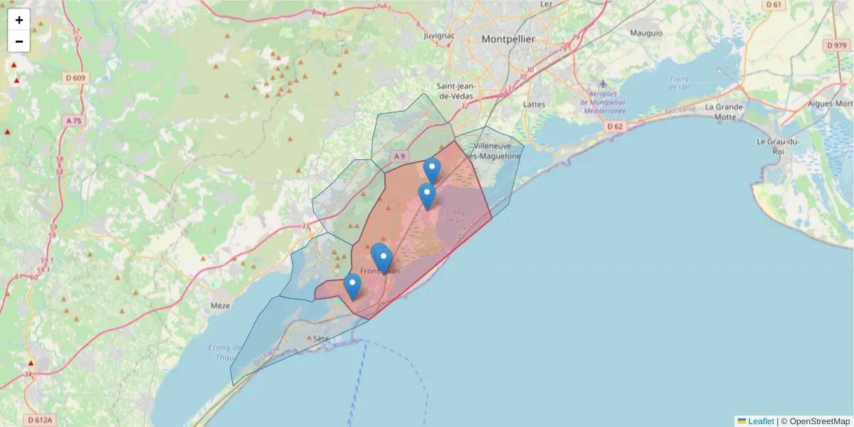 Carte de la zone du code postal  et des codes postaux voisins en France