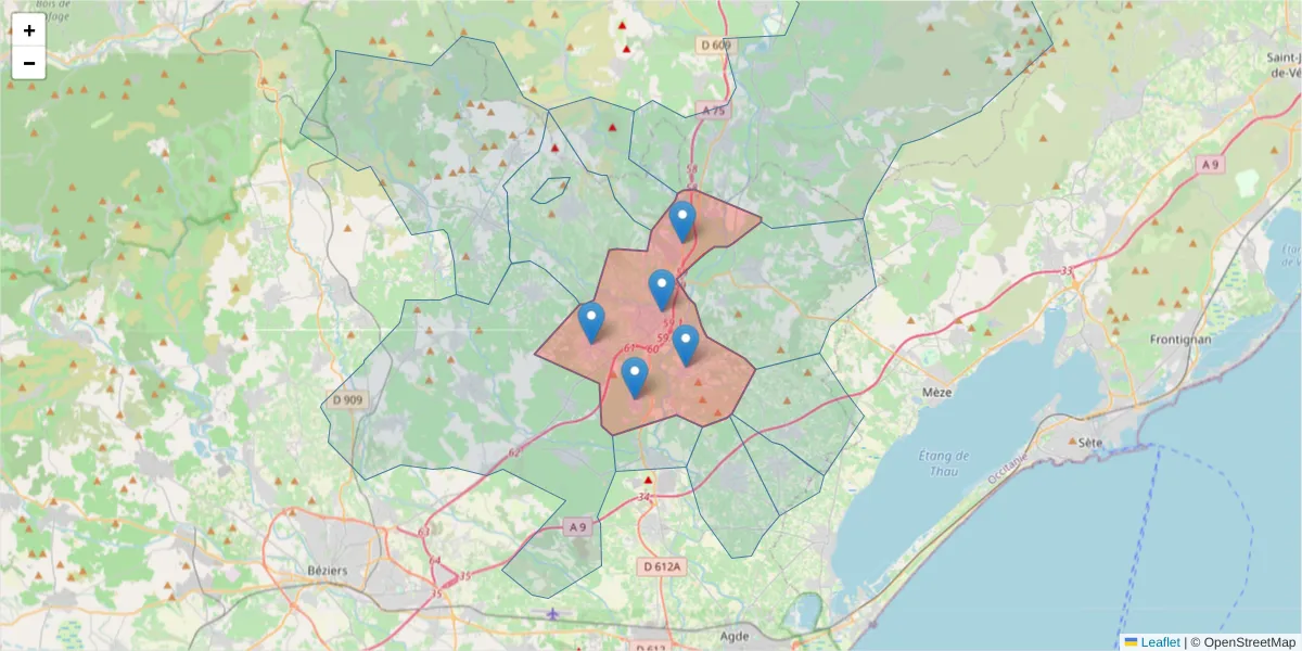 Carte de la zone du code postal  et des codes postaux voisins en France